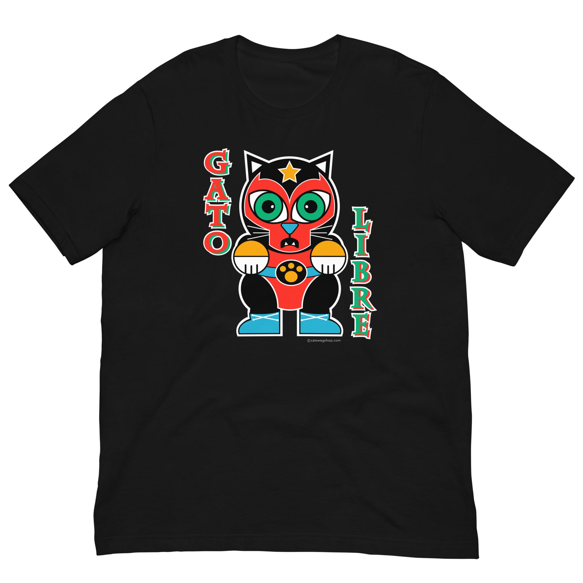 Gato Libre T-shirt with Graphic Cat Luchador Fighter - Full Front Green Tee
