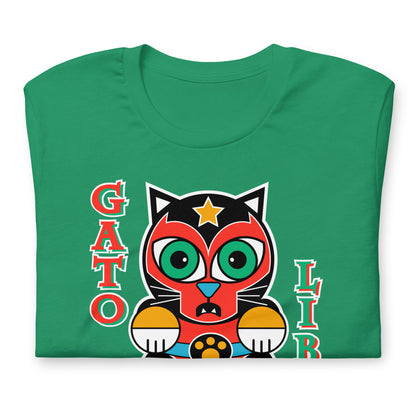 Gato Libre T-shirt with Graphic Cat Luchador Fighter - Green Tee