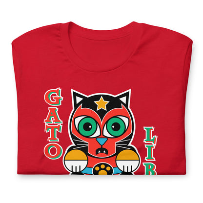 Gato Libre T-shirt with Graphic Cat Luchador Fighter - Red Tee
